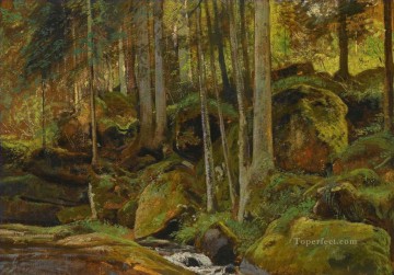 150の主題の芸術作品 Painting - フォレストストリームの古典的な風景イワン・イワノビッチの木々